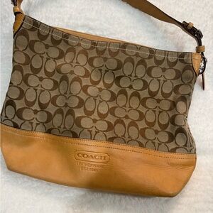 Coach Brown Signature Canvas Shoulder Bag with Tan Leather Trim
